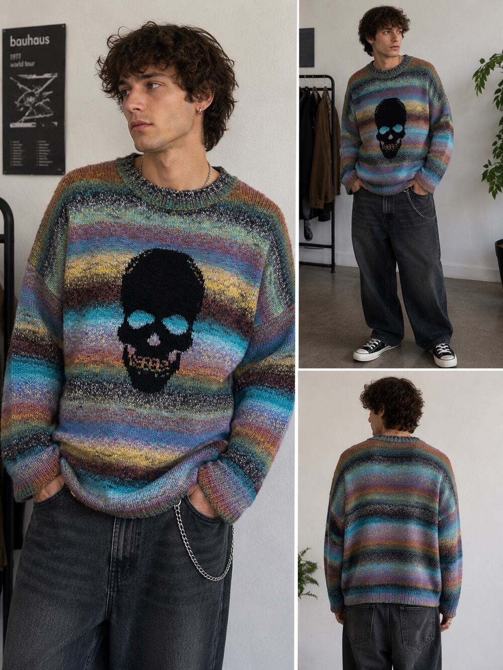 Ragged Jeans Rainbow Skull Knit Sweater M Multicolor Striped Oversized Grunge
